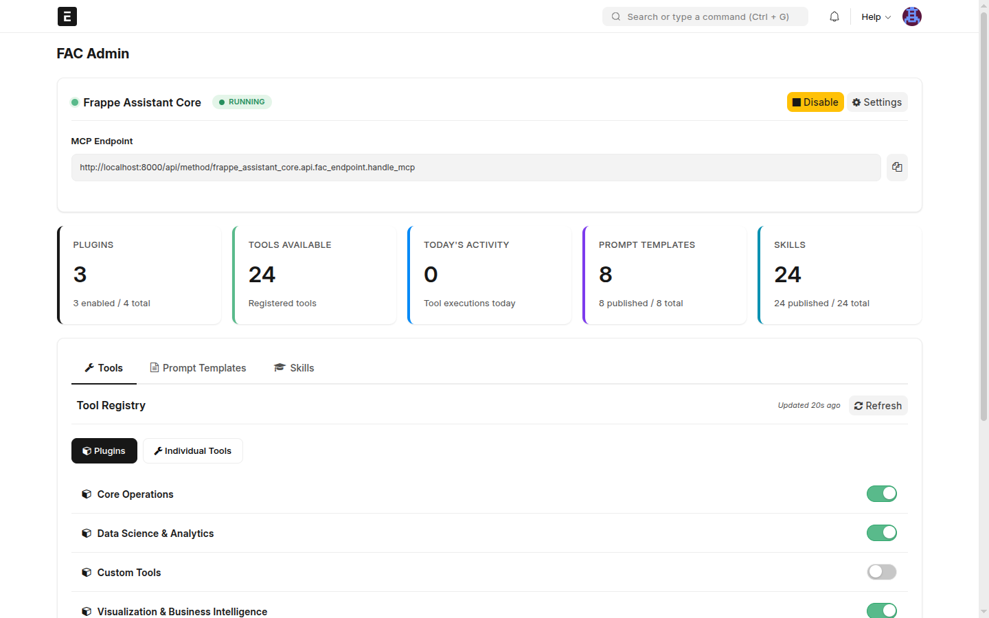 The FAC Admin page: status bar, MCP endpoint, stat cards, tabs, and recent activity