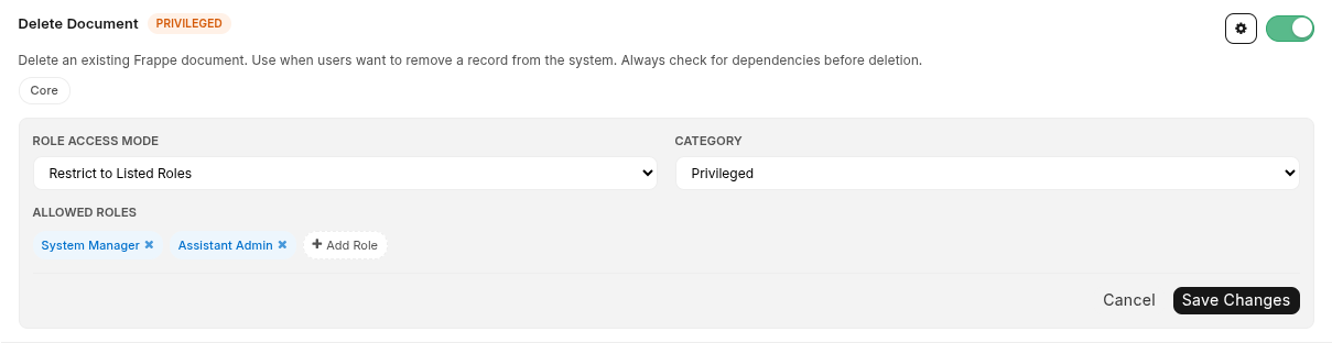 Delete Document restricted to System Manager and Assistant Admin